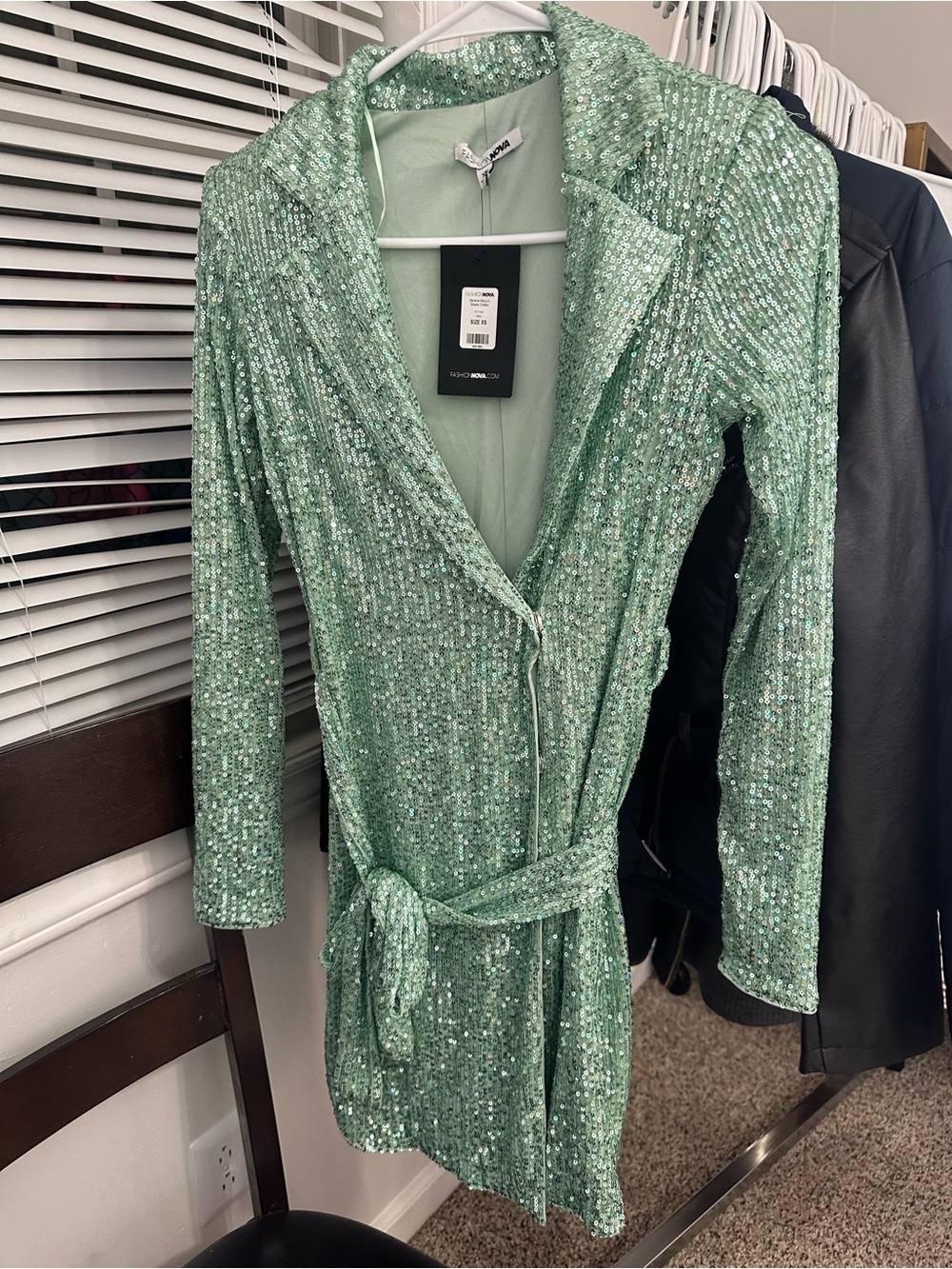 Fashion Nova Mint Green Sequin Wrap Mini Dress